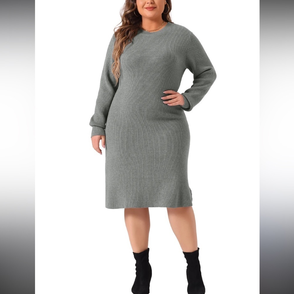 a.n.a Plus Size Ribbed Long Sleeve Knit Sweater Dress Gray Crew Neck size L